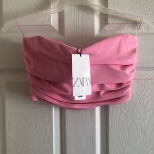Zara Blush Pink Ruched Spaghetti-Strap Crop Top